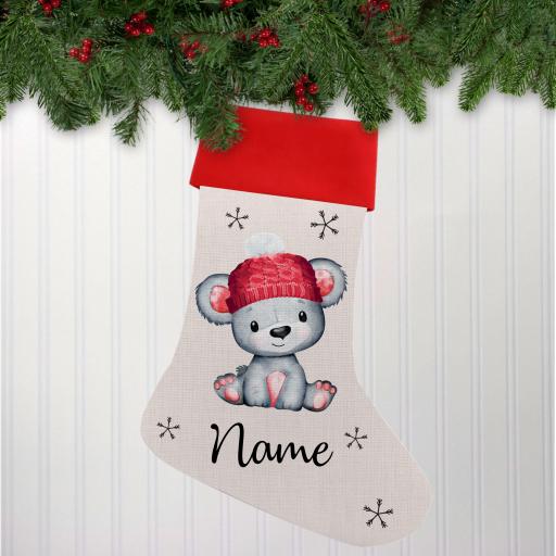 Bear with Red Hat Linen Personalised Christmas Stocking
